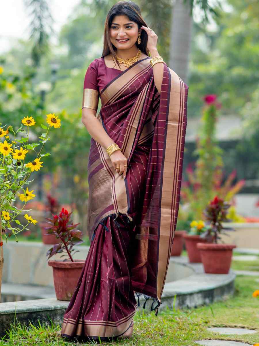 Wine Banarasi Raw Silk Handwoven Festival Wedding Heavy Border Saree