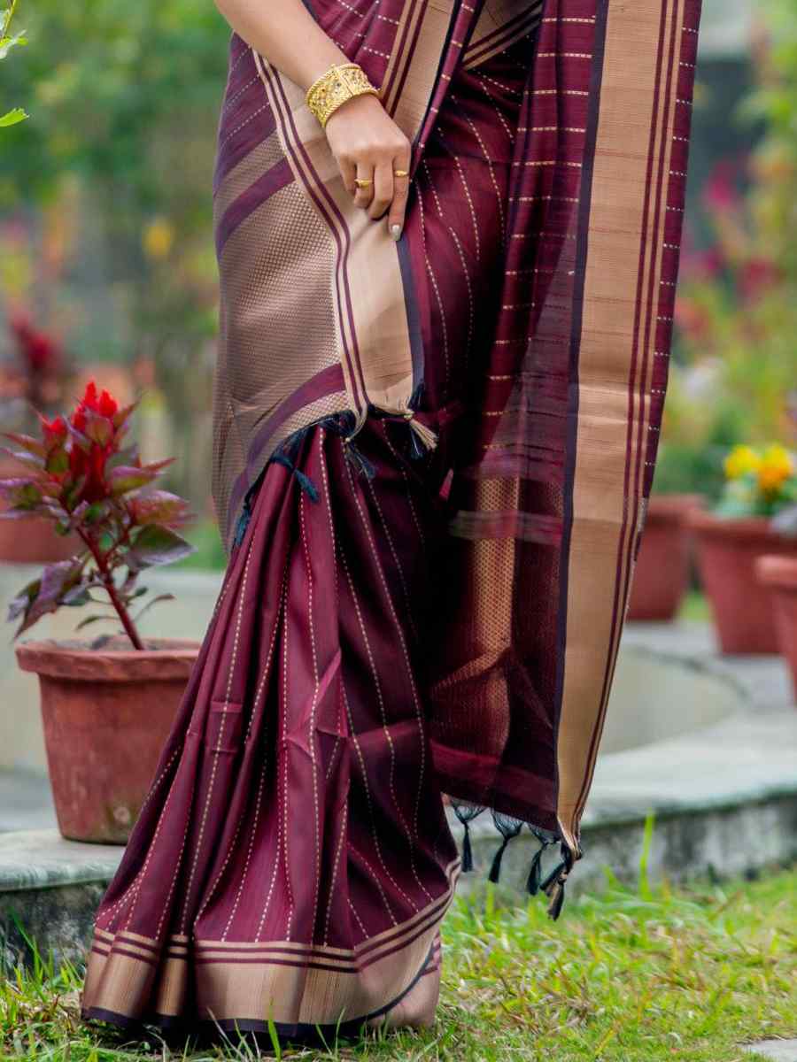 Wine Banarasi Raw Silk Handwoven Festival Wedding Heavy Border Saree