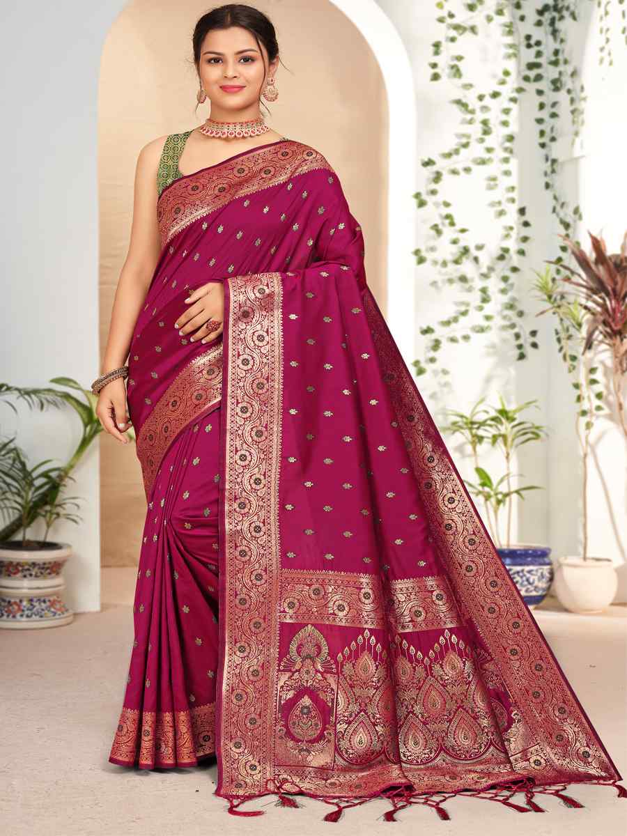 Wine Banarasi Silk Handwoven Festival Wedding Heavy Border Saree