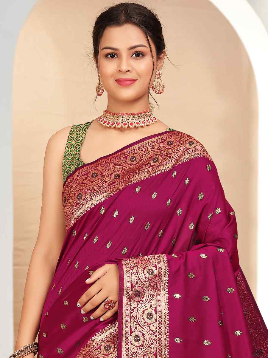 Wine Banarasi Silk Handwoven Festival Wedding Heavy Border Saree