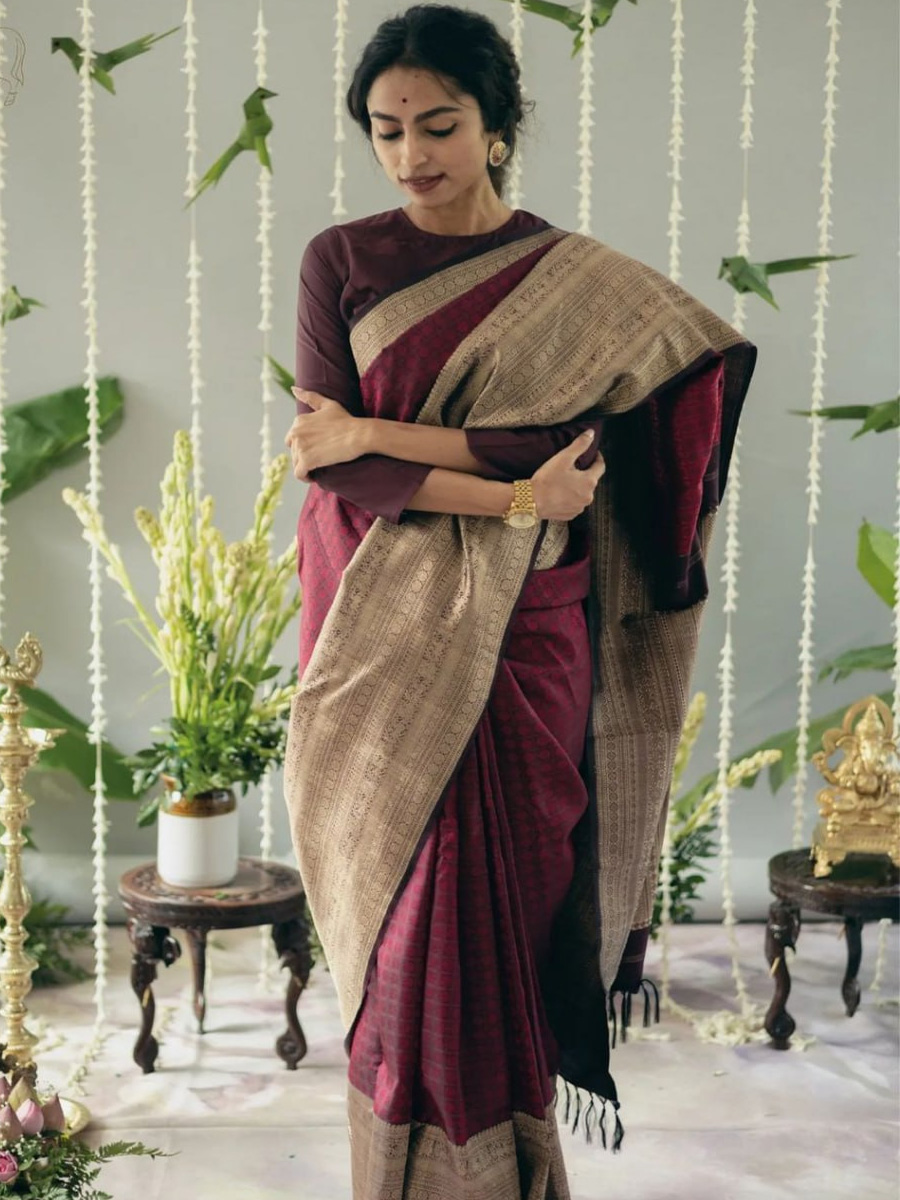 Wine Banarasi Soft Silk Handwoven Festival Casual Classic Style Saree