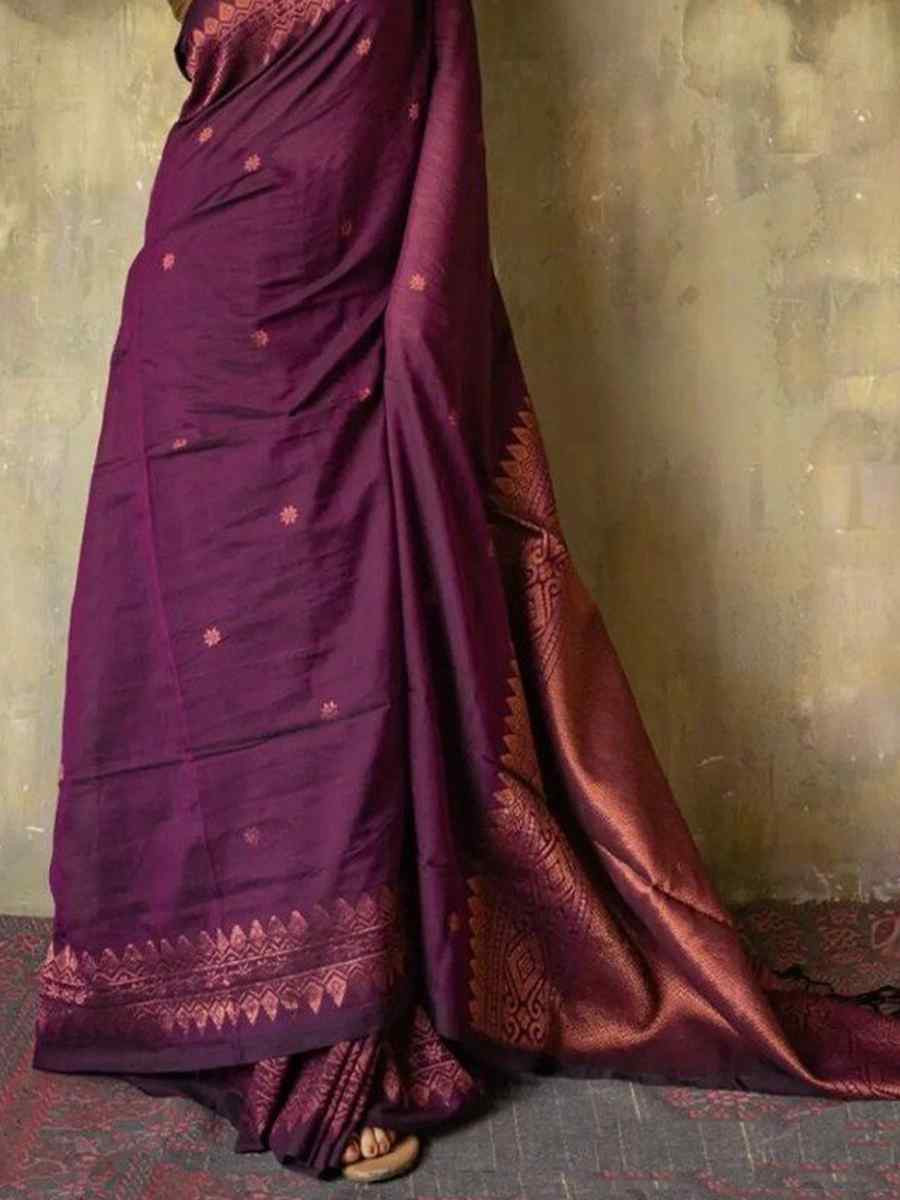 Wine Banarasi Soft Silk Handwoven Festival Casual Heavy Border Saree