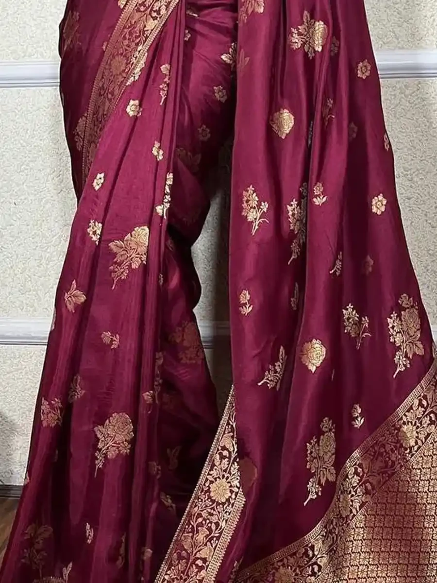 Wine Banarasi Soft Silk Handwoven Festival Wedding Heavy Border Saree