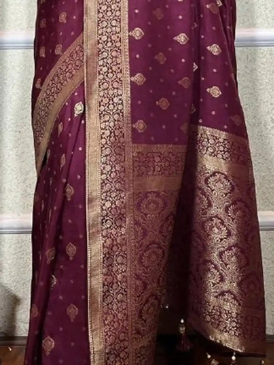 Wine Banarasi Soft Silk Handwoven Festival Wedding Heavy Border Saree