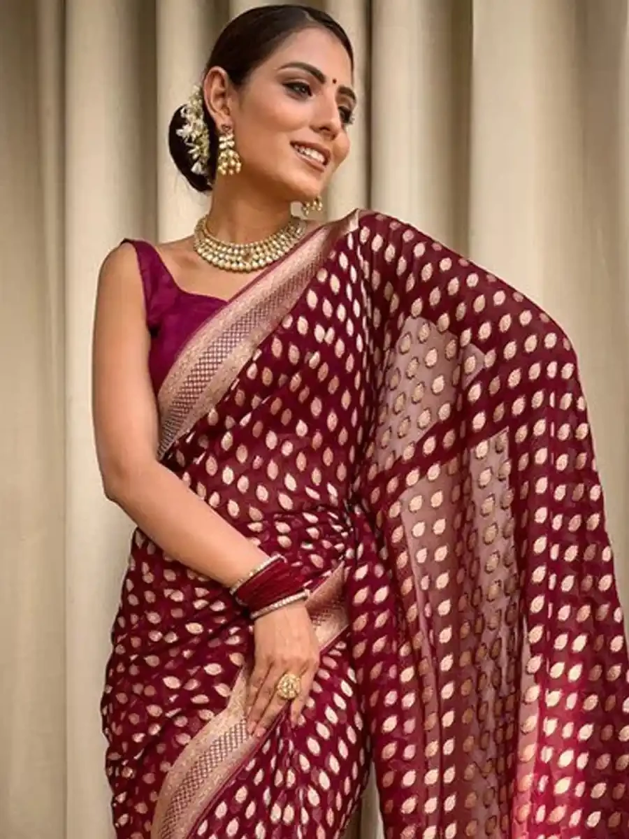 Wine Banarasi Soft Silk Handwoven Festival Wedding Heavy Border Saree