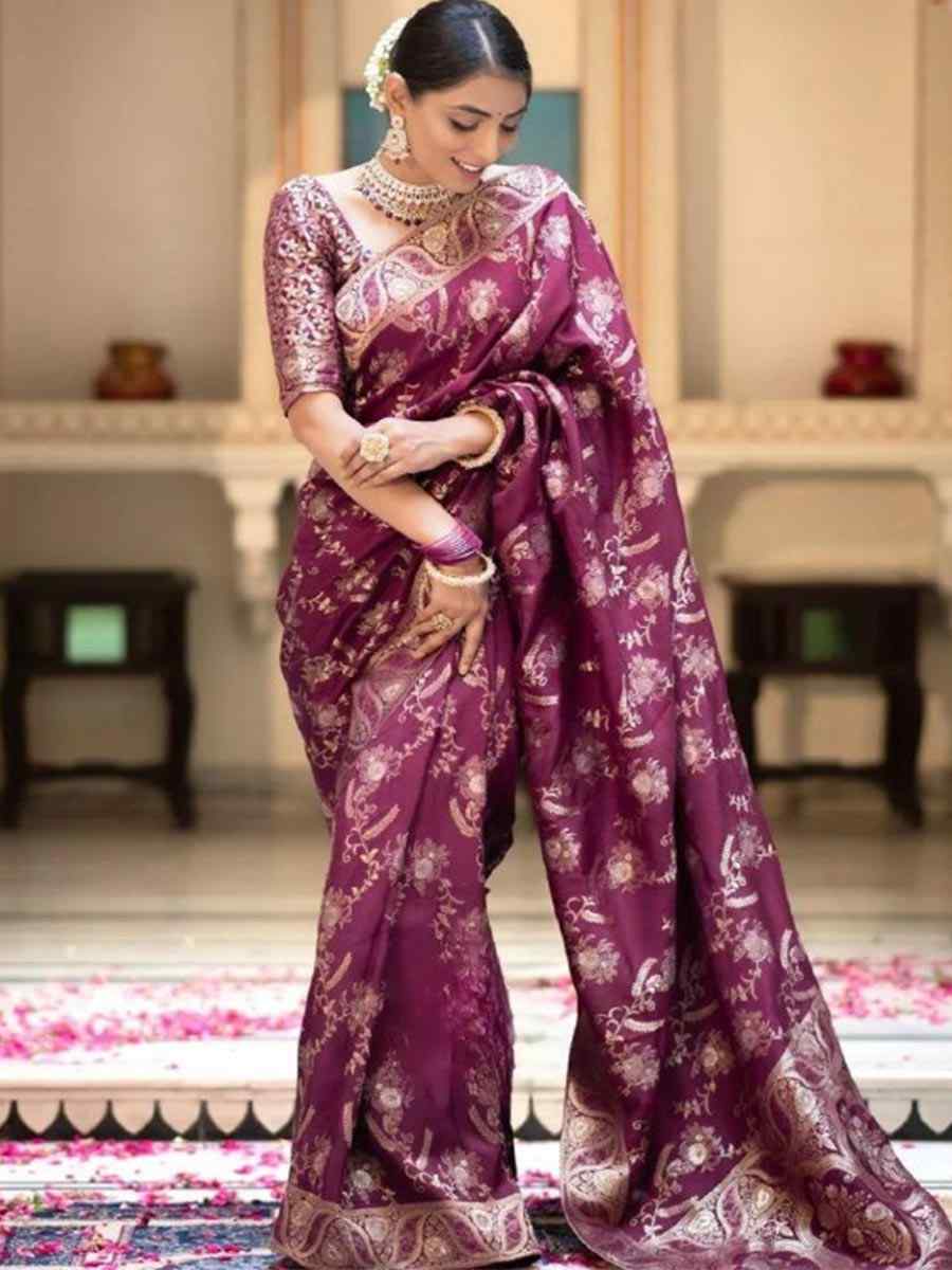 Wine Banarasi Soft Silk Handwoven Wedding Festival Heavy Border Saree