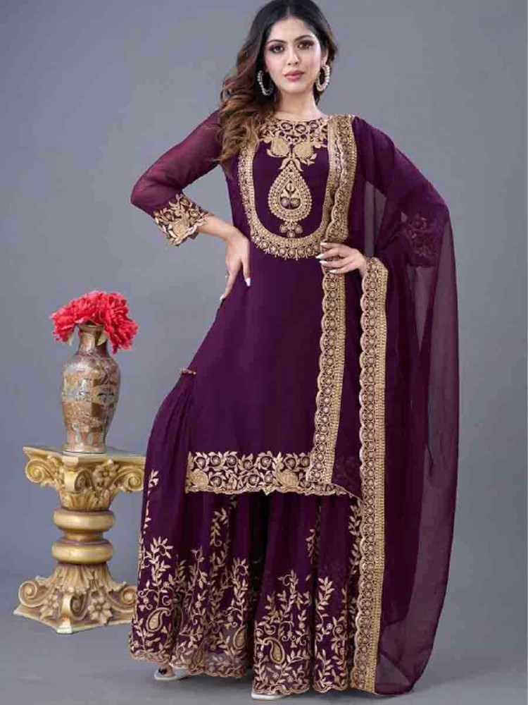 Wine Blooming Faux Georgette Embroidered Party Wedding Ready Sharara Pant Salwar Kameez