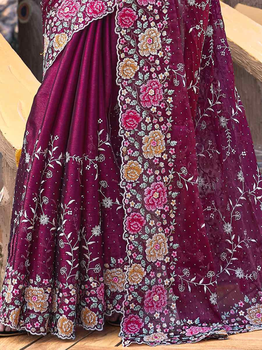 Wine Burbury Silk Embroidered Bridesmaid Wedding Heavy Border Saree