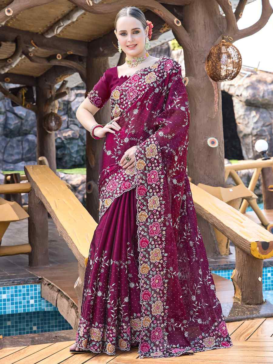 Wine Burbury Silk Embroidered Bridesmaid Wedding Heavy Border Saree