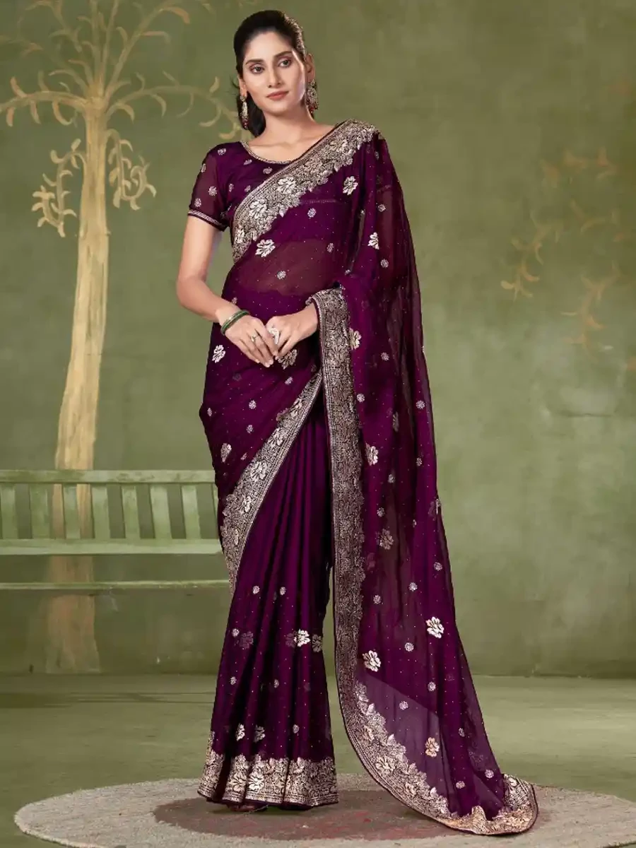 Wine Chiffon Embroidered Reception Party Heavy Border Saree