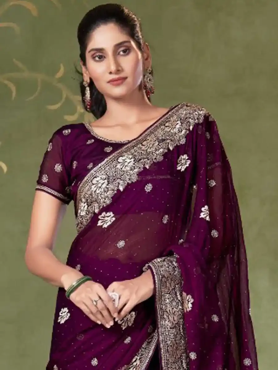 Wine Chiffon Embroidered Reception Party Heavy Border Saree