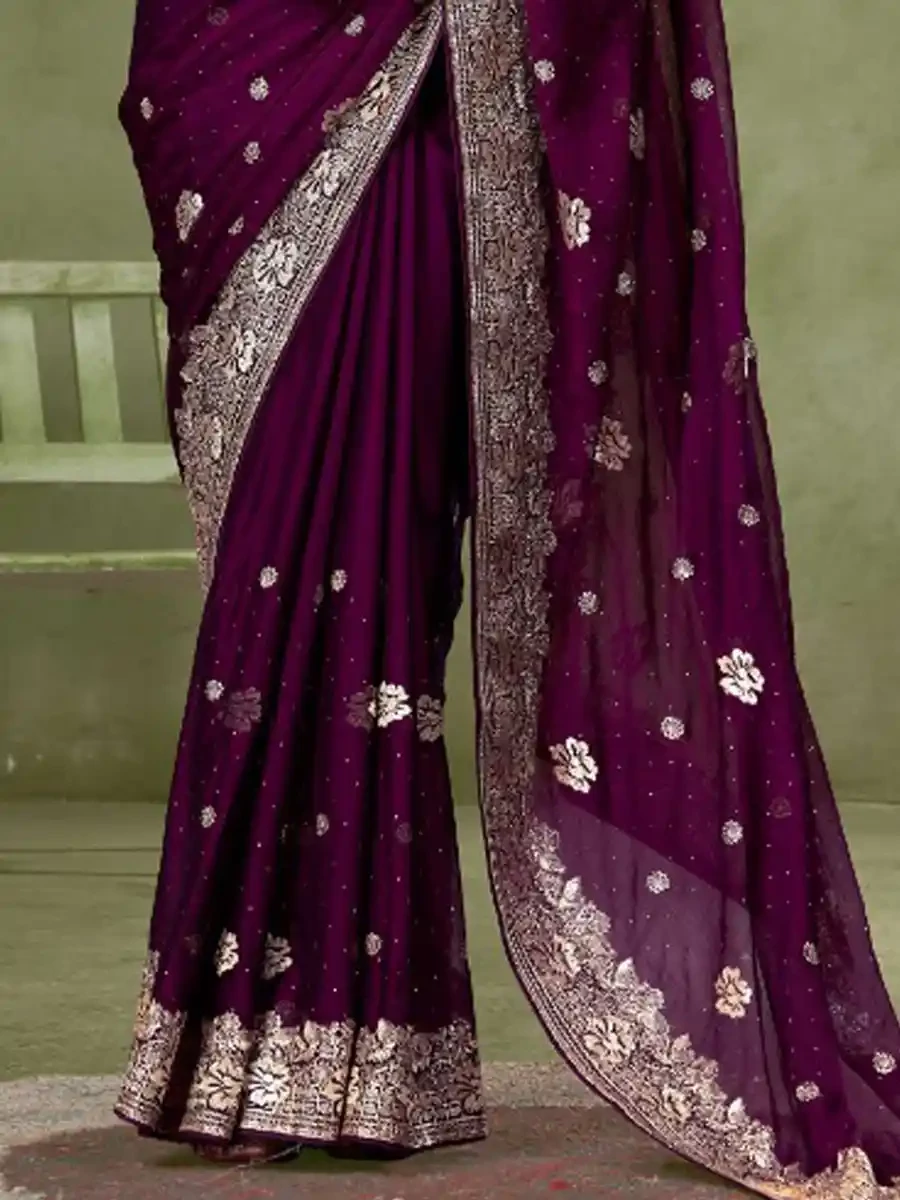 Wine Chiffon Embroidered Reception Party Heavy Border Saree