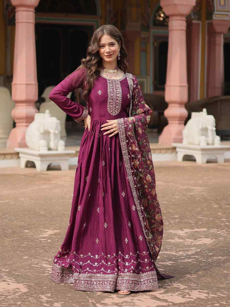 Wine Chinon Embroidered Festival Casual Gown