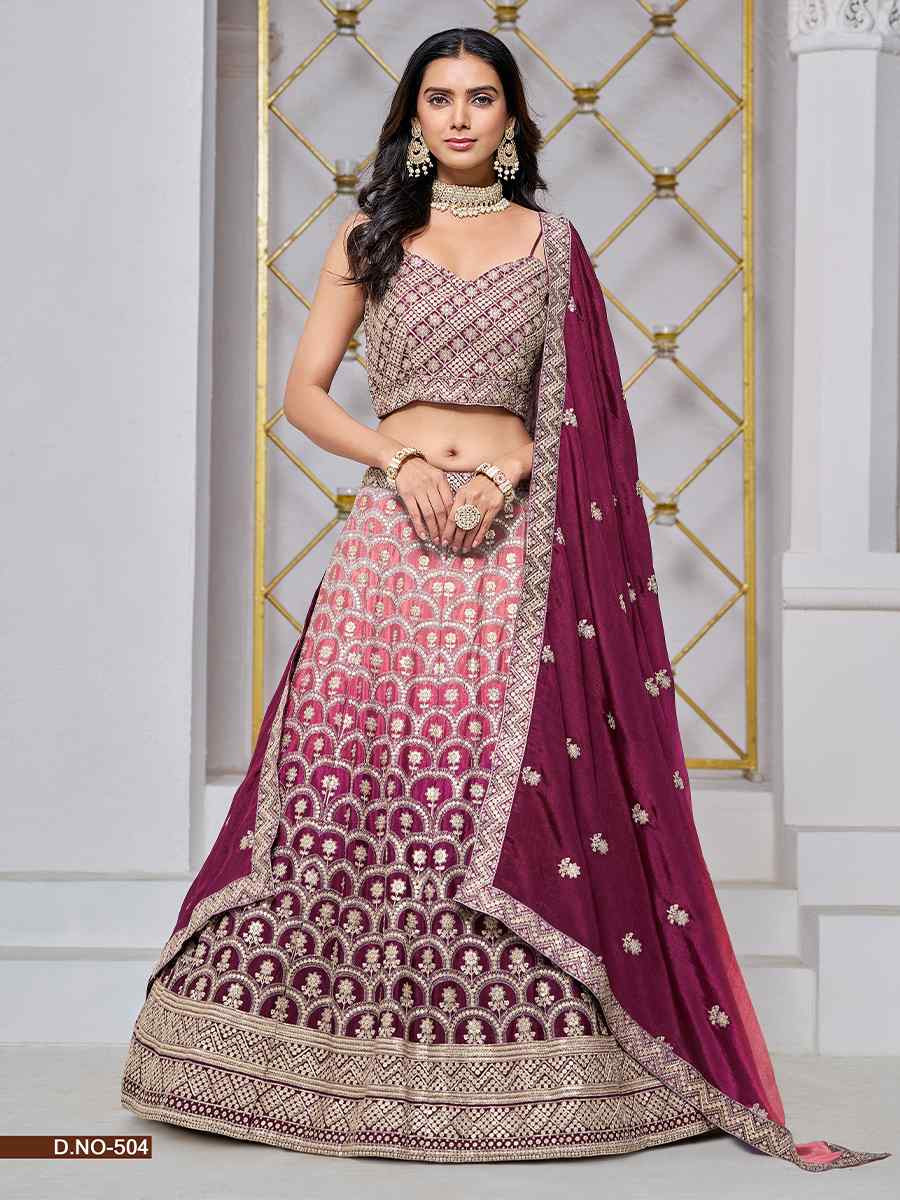 Wine Chinon Embroidered Wedding Bridesmaid Heavy Border Lehenga Choli