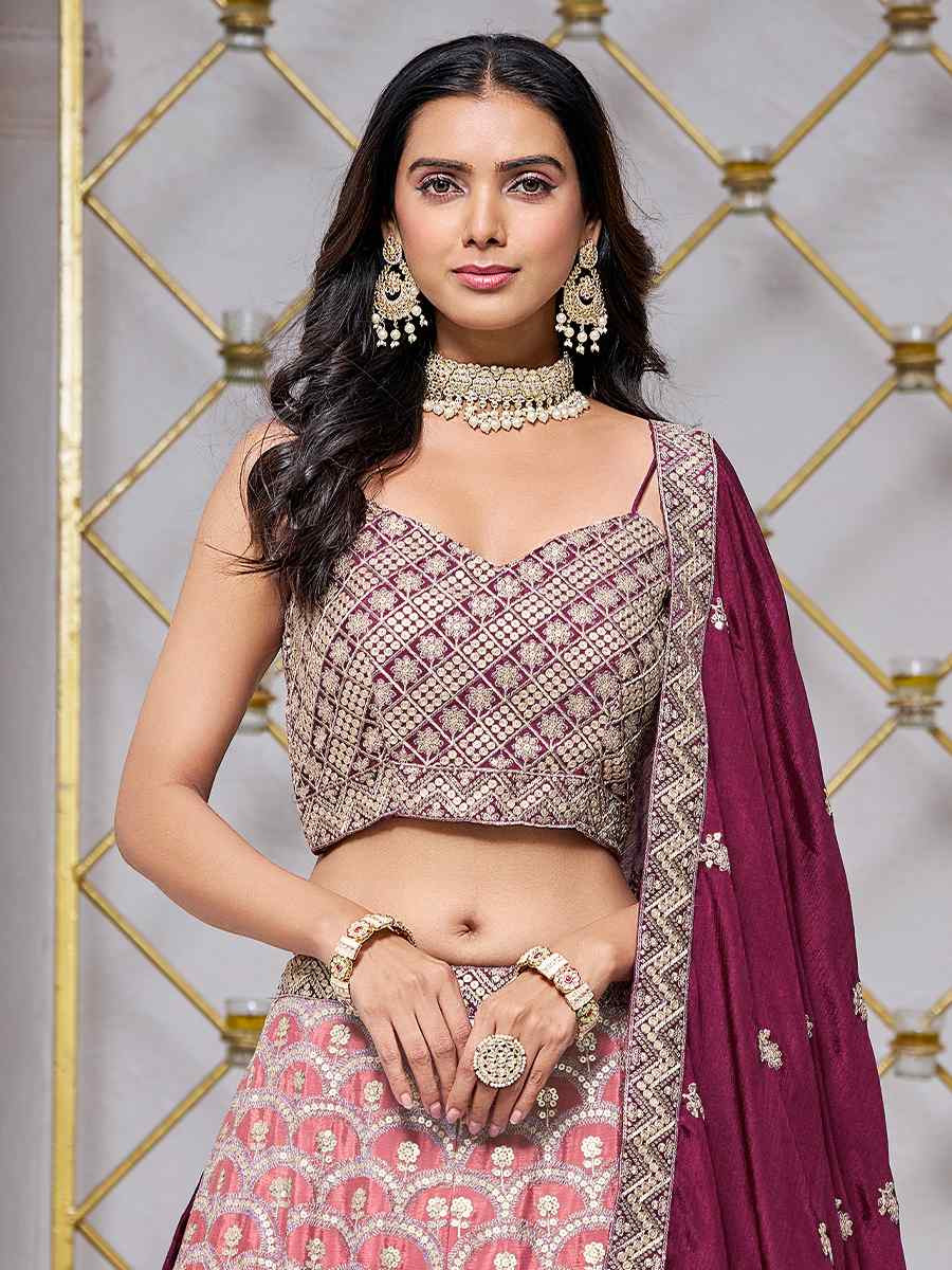 Wine Chinon Embroidered Wedding Bridesmaid Heavy Border Lehenga Choli