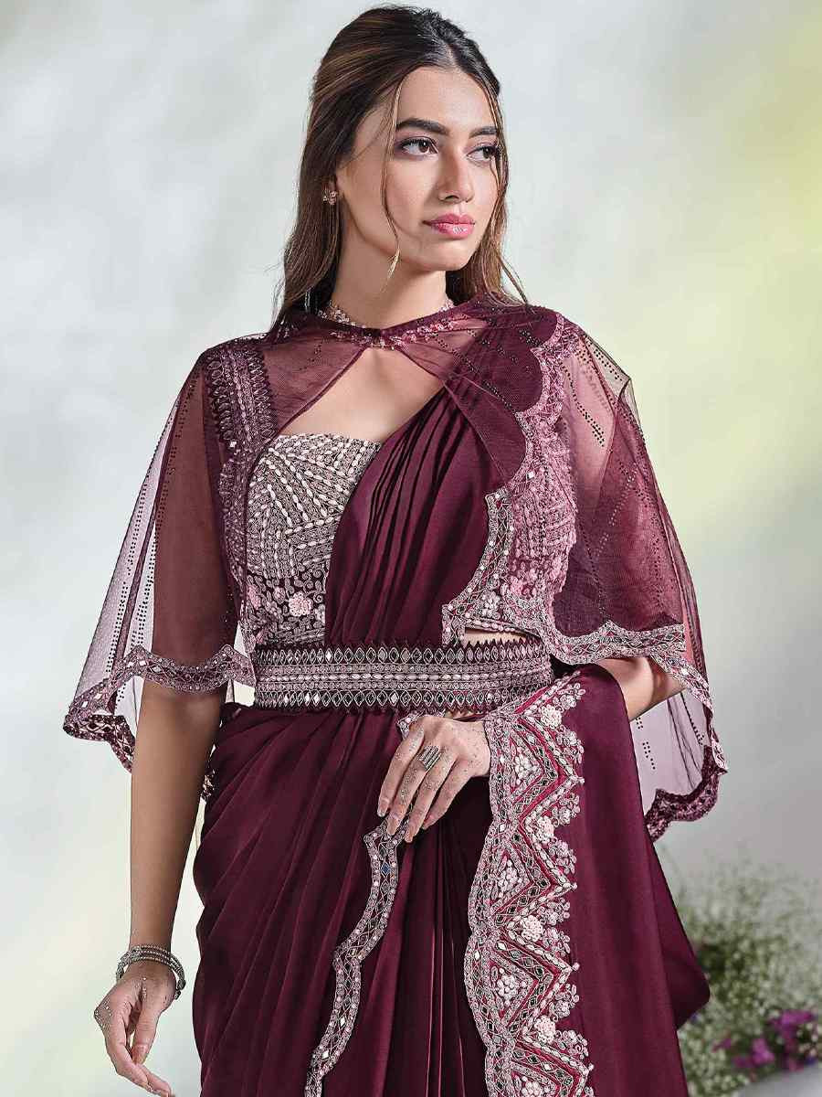 Wine Crepe Satin Silk Embroidered Reception Wedding Heavy Border Saree