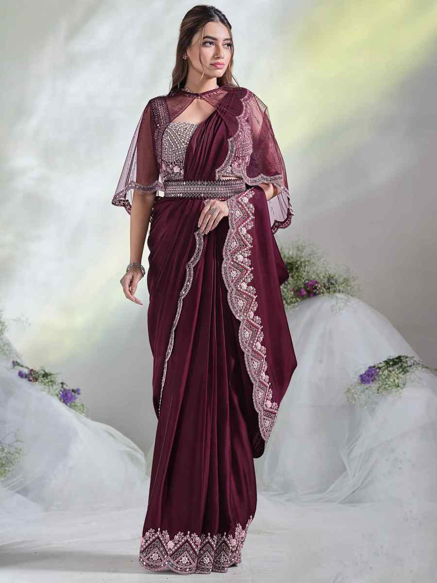 Wine Crepe Satin Silk Embroidered Reception Wedding Heavy Border Saree