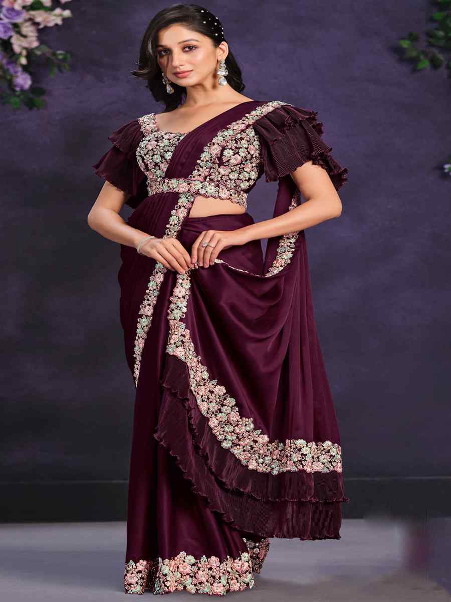 Wine Crepe Satin Silk Embroidered Wedding Party Heavy Border Saree