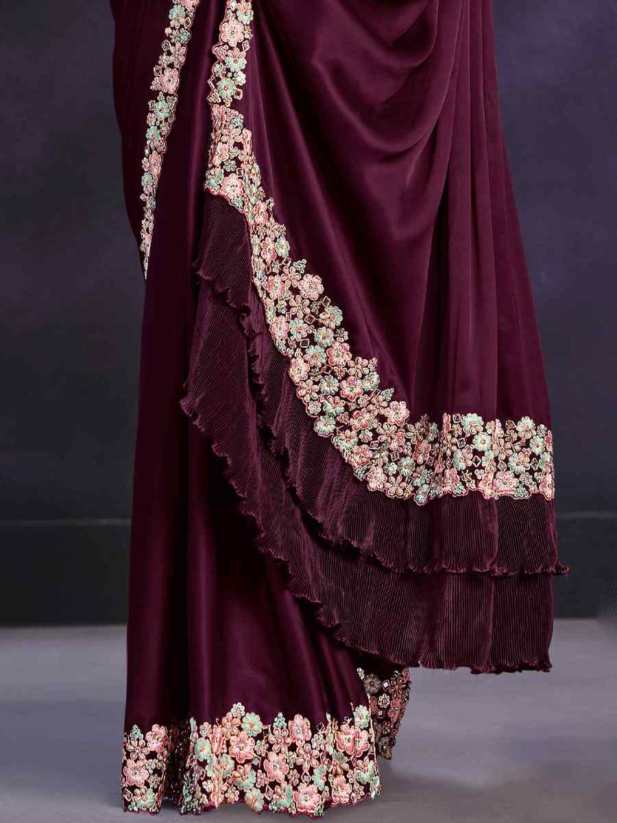 Wine Crepe Satin Silk Embroidered Wedding Party Heavy Border Saree