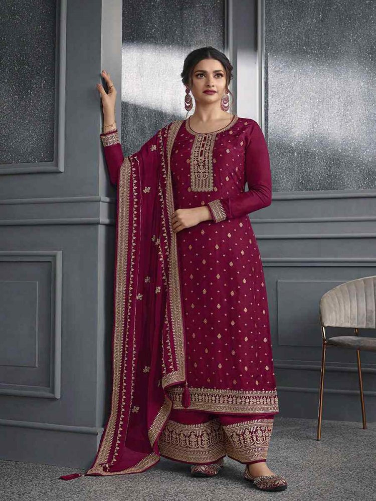 Wine Dola Jacquard Silk Embroidered Festival Wedding Palazzo Pant Salwar Kameez