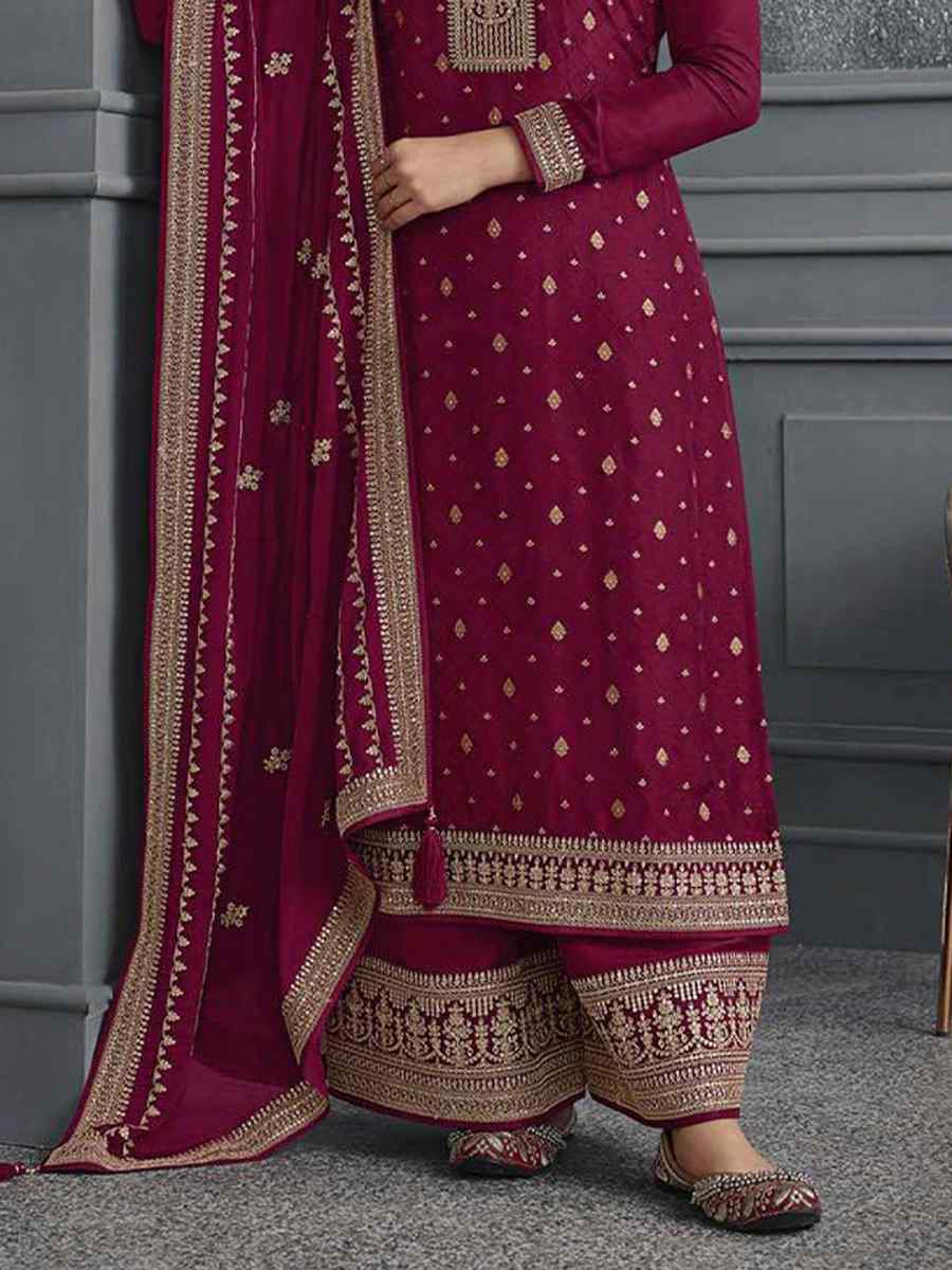 Wine Dola Jacquard Silk Embroidered Festival Wedding Palazzo Pant Salwar Kameez