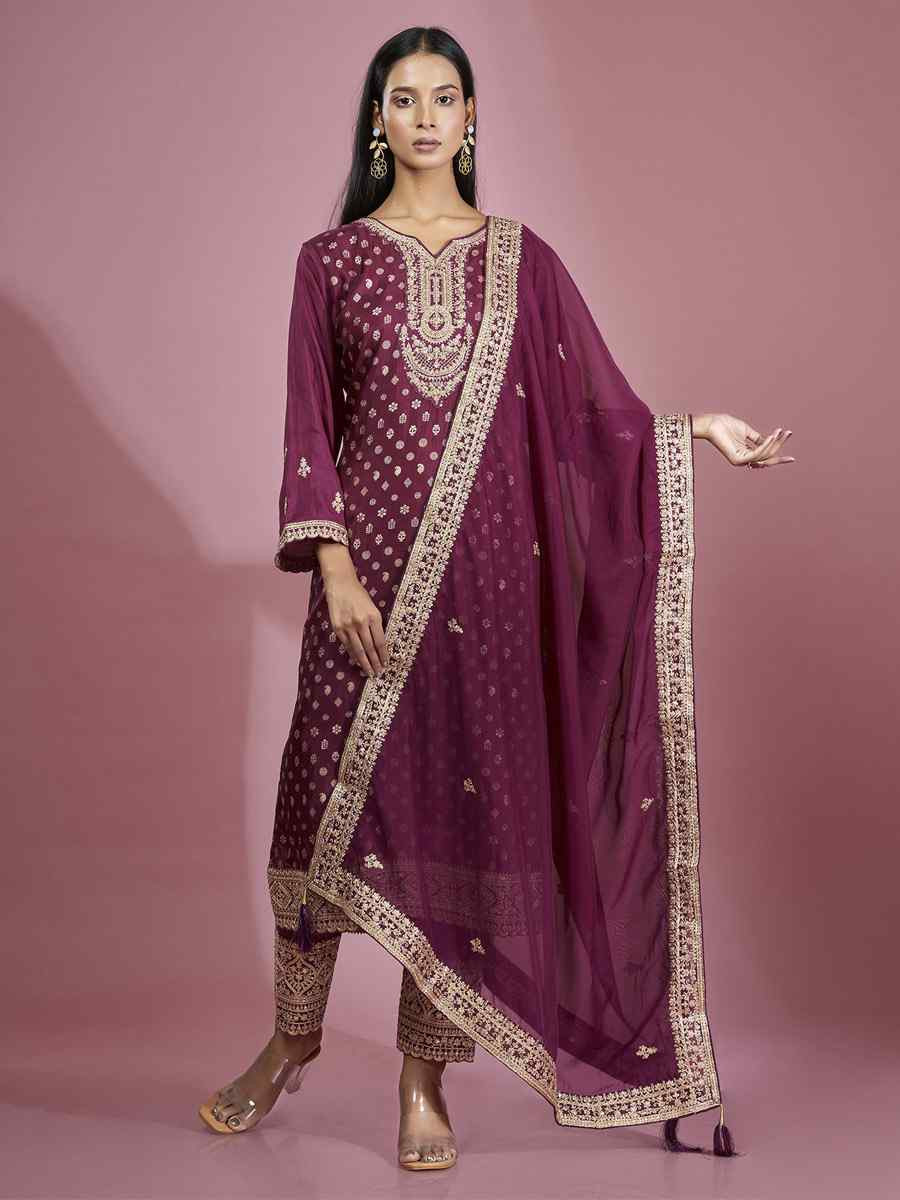 Wine Dola Silk Embroidered Festival Casual Ready Pant Salwar Kameez