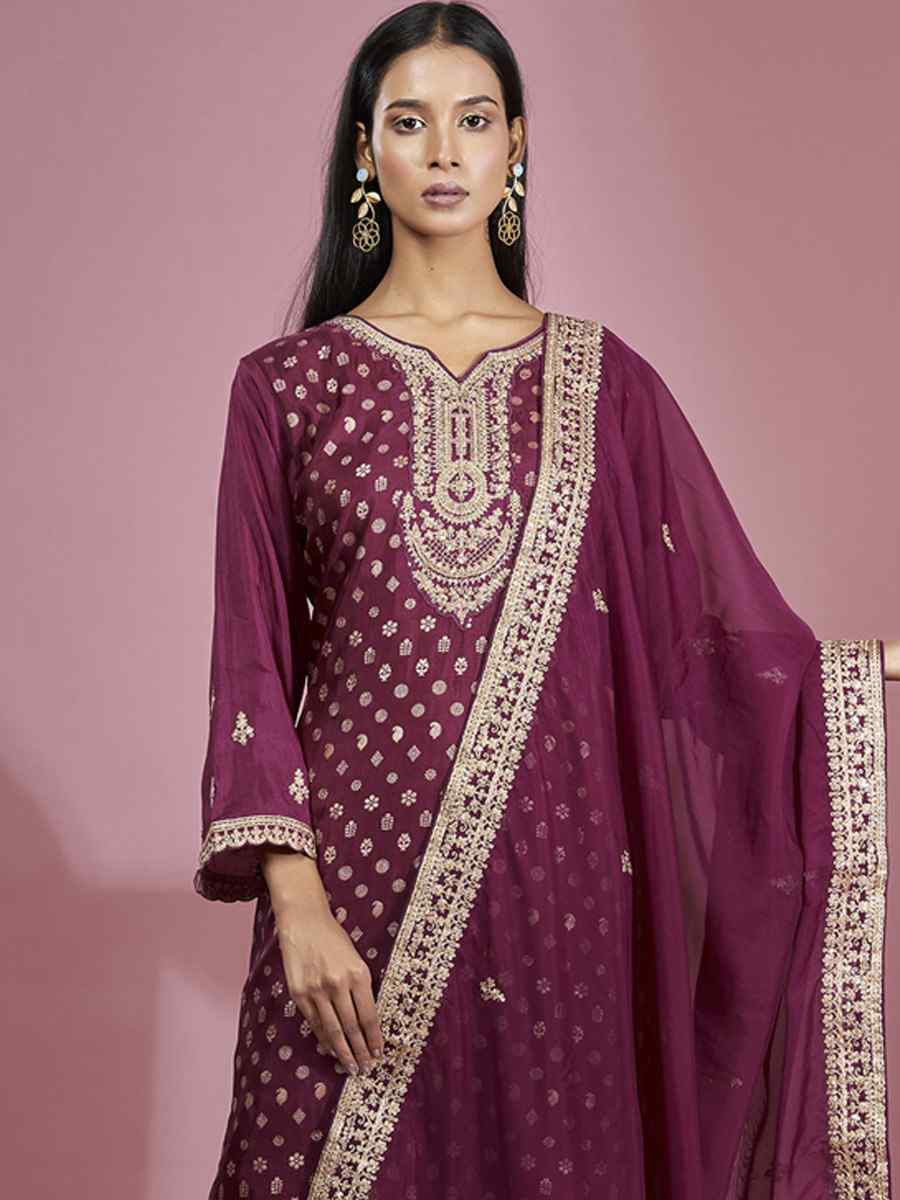 Wine Dola Silk Embroidered Festival Casual Ready Pant Salwar Kameez