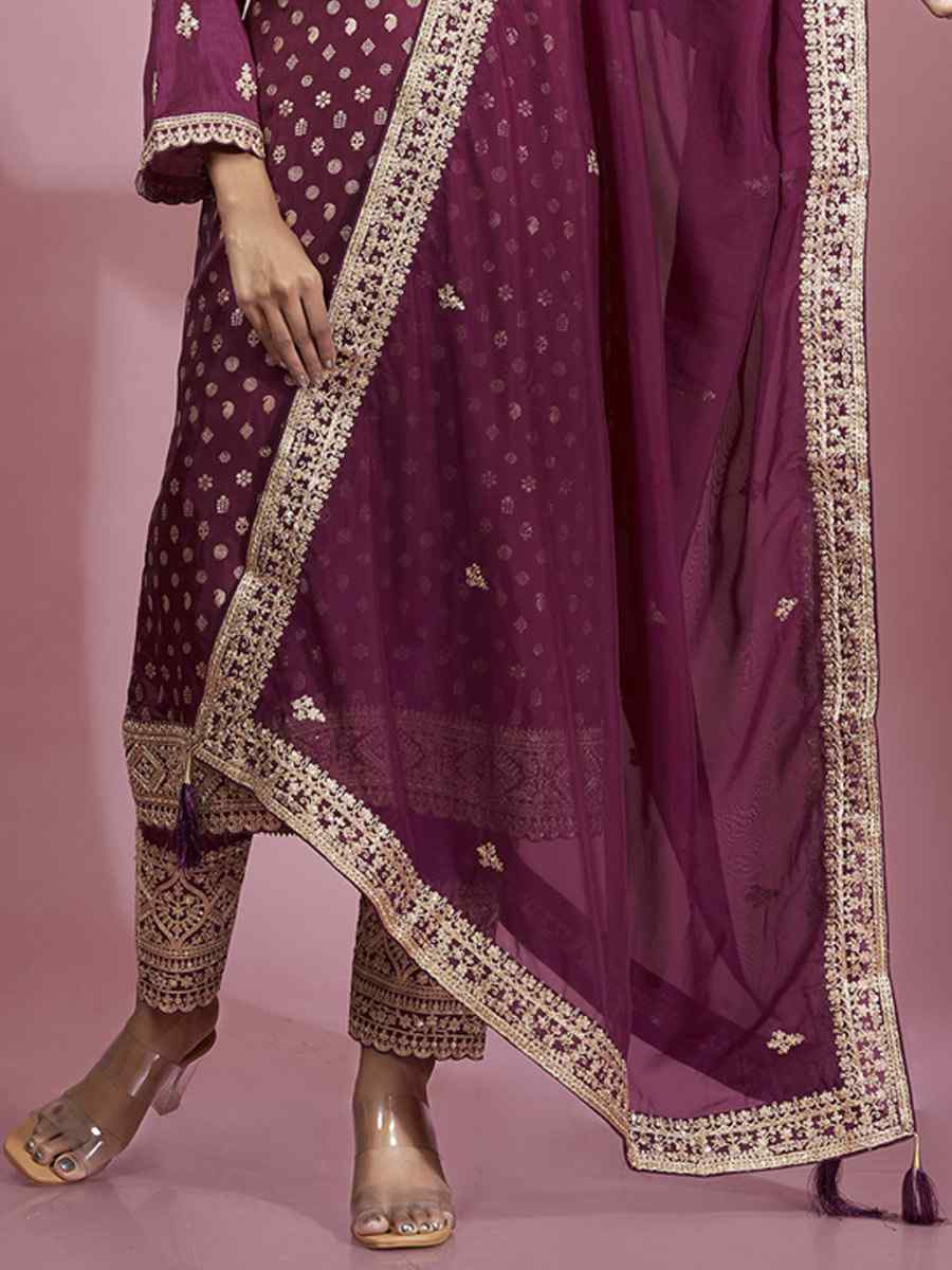 Wine Dola Silk Embroidered Festival Casual Ready Pant Salwar Kameez