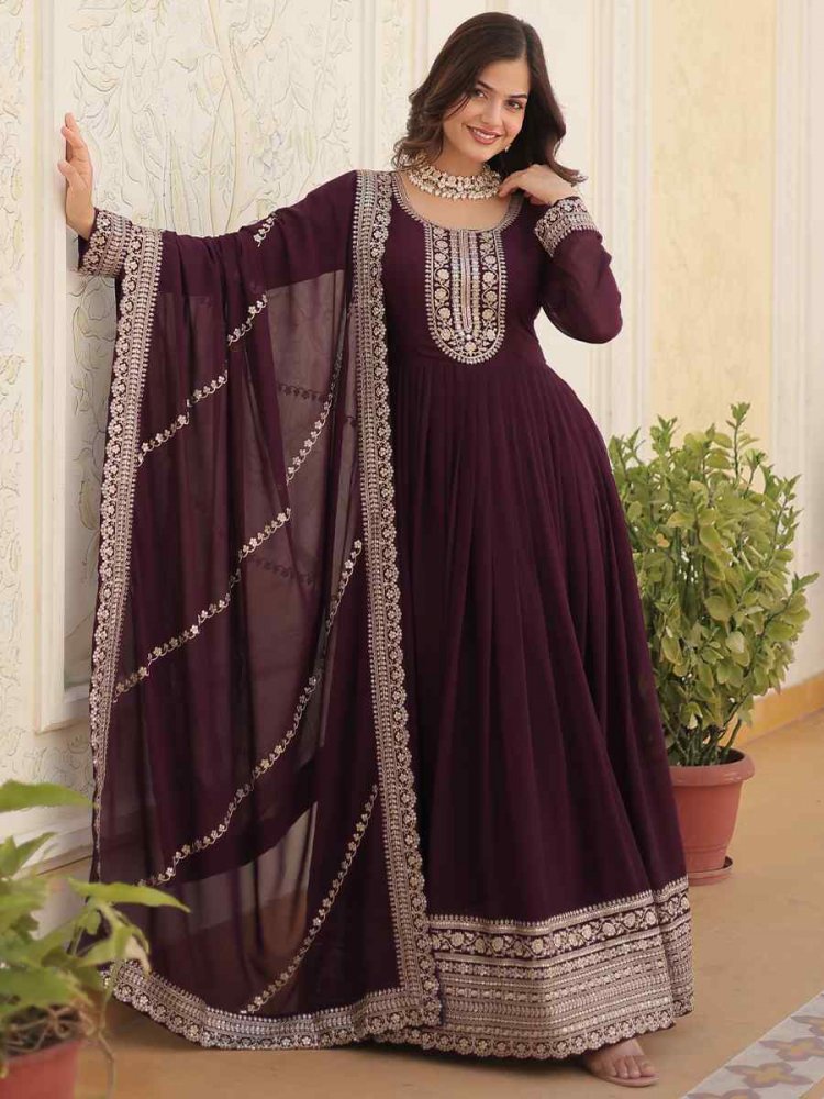 Wine Faux Blooming Embroidered Festival Mehendi Gown