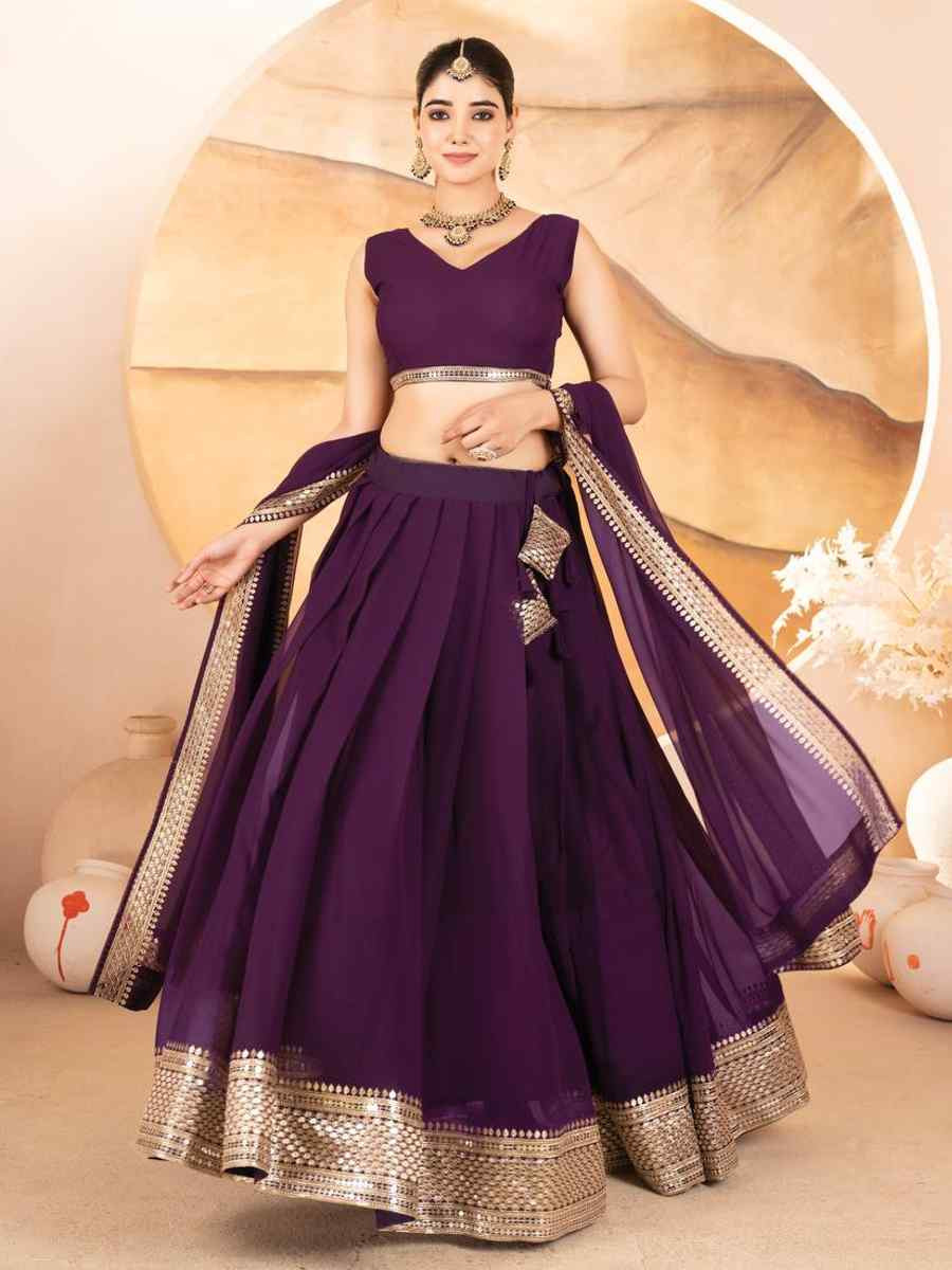 Wine Faux Blooming Embroidery Reception Party Wear Heavy Border Lehenga Choli