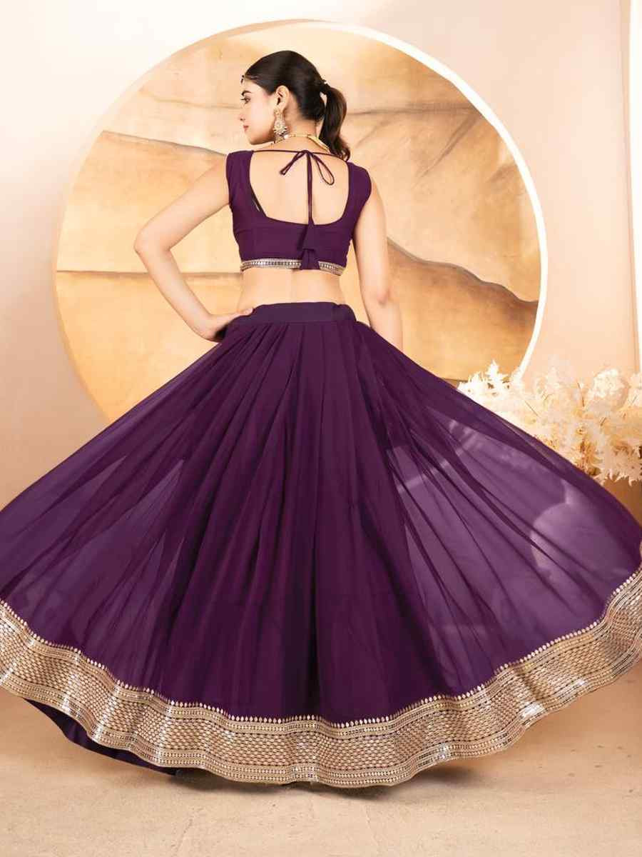 Wine Faux Blooming Embroidery Reception Party Wear Heavy Border Lehenga Choli