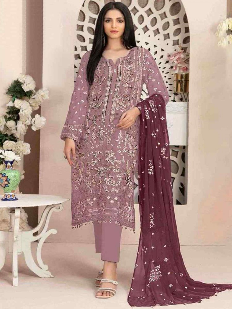 Wine Faux Georgette Embroidered Festival Casual Pant Salwar Kameez