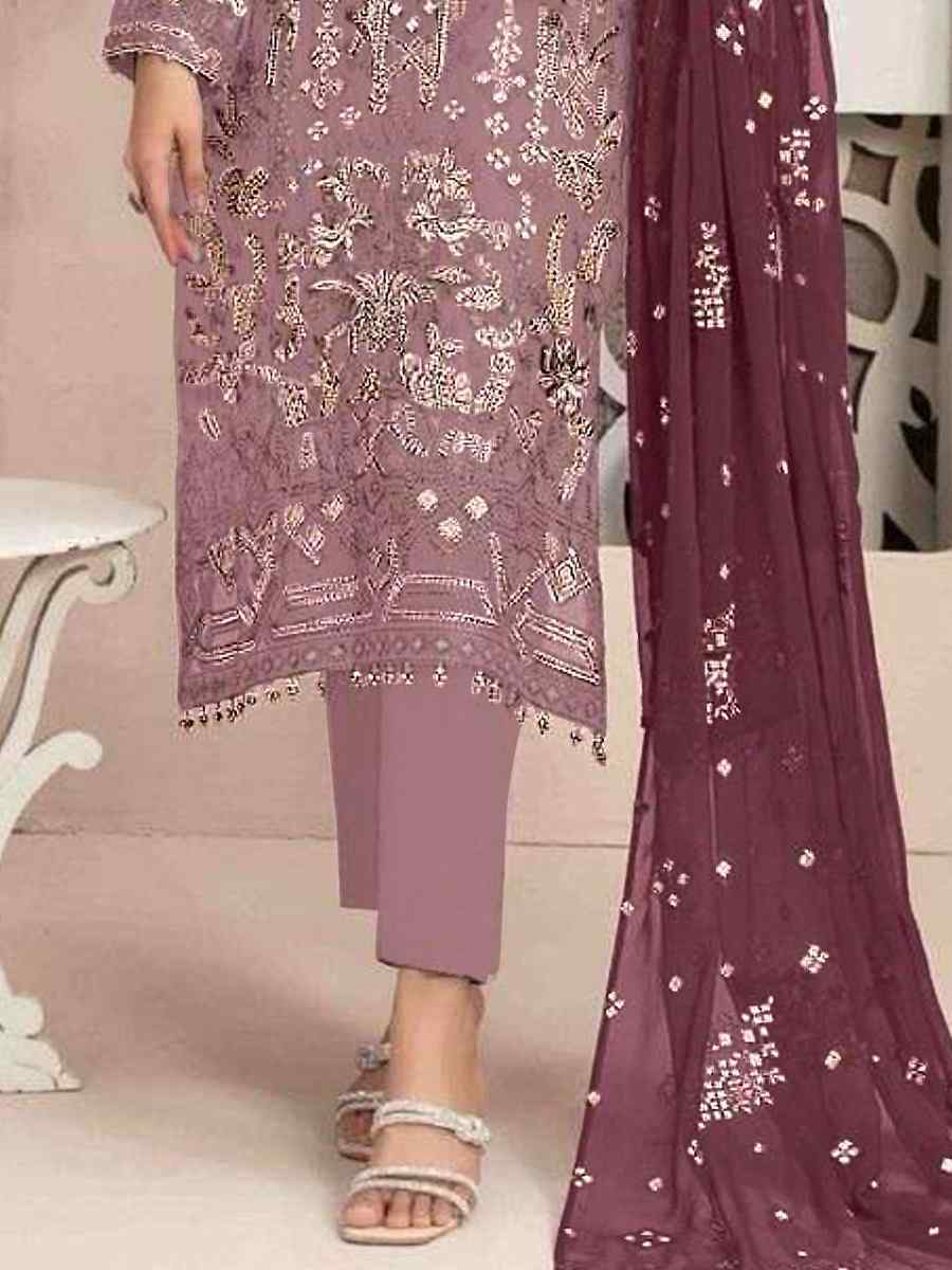 Wine Faux Georgette Embroidered Festival Casual Pant Salwar Kameez