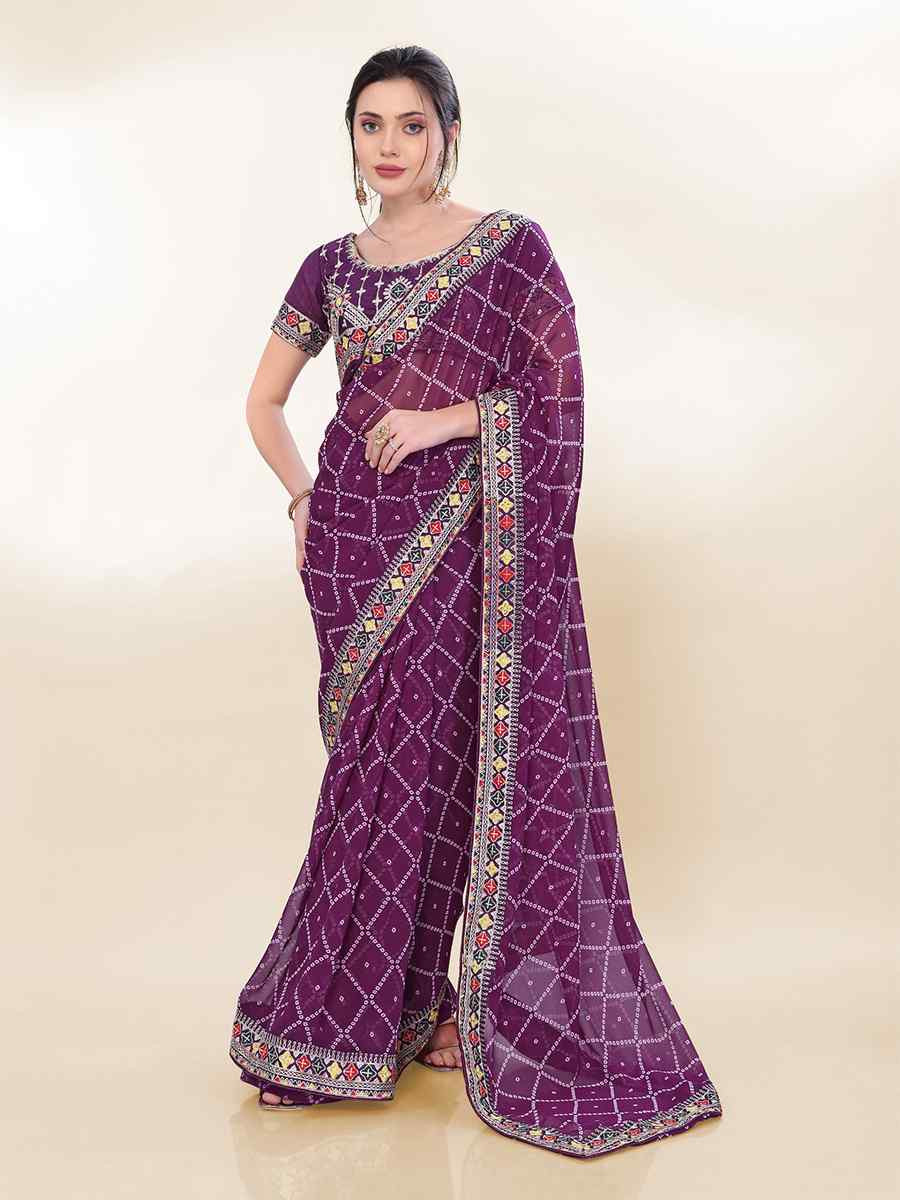 Wine Georgette Embroidered Bridesmaid Reception Heavy Border Saree