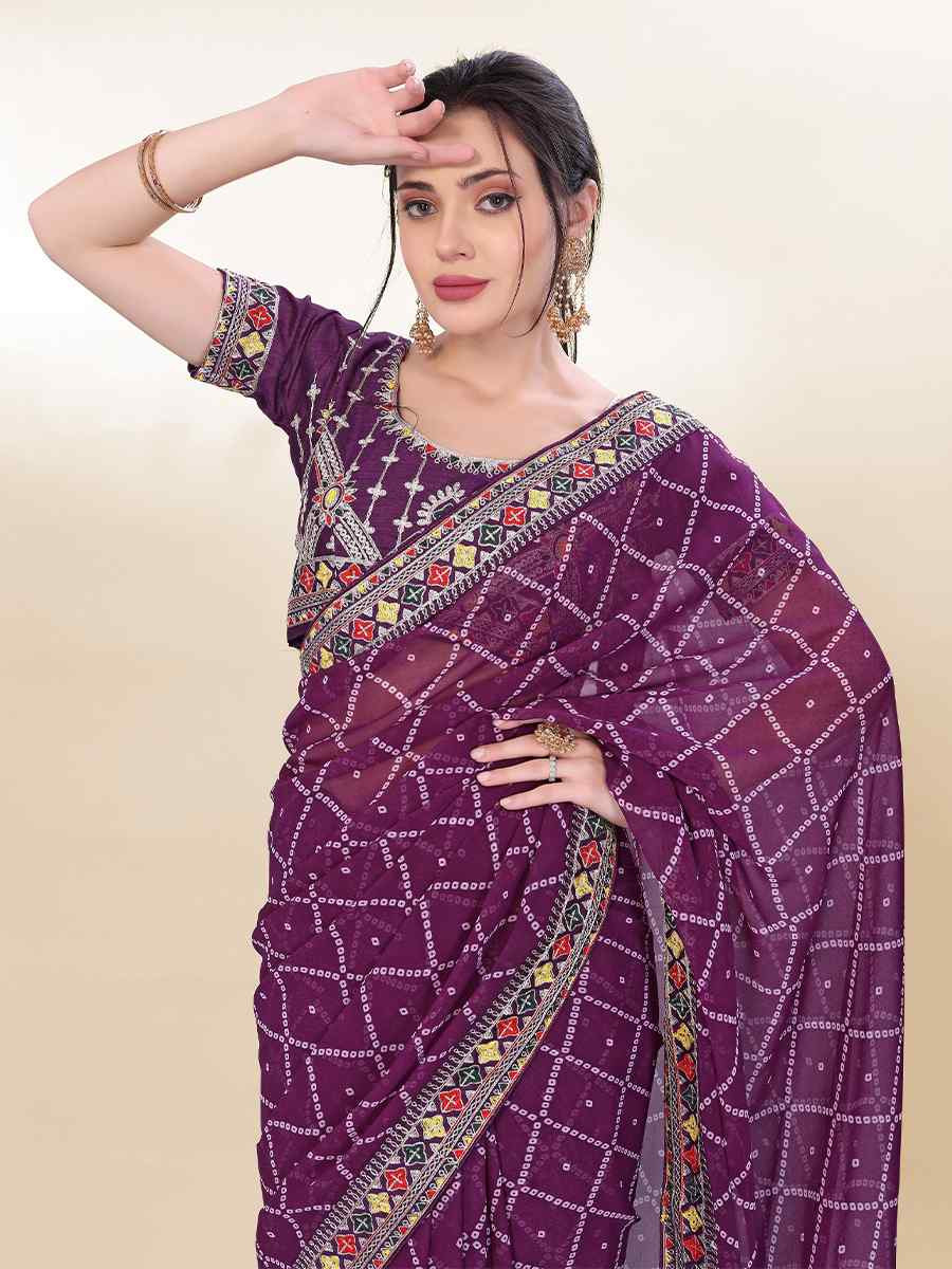 Wine Georgette Embroidered Bridesmaid Reception Heavy Border Saree