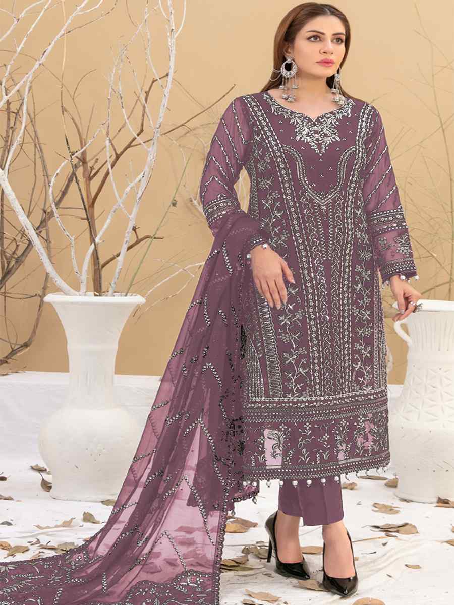 Wine Georgette Embroidered Festival Casual Pant Salwar Kameez