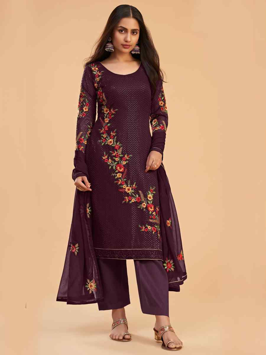 Wine Georgette Embroidered Festival Casual Pant Salwar Kameez