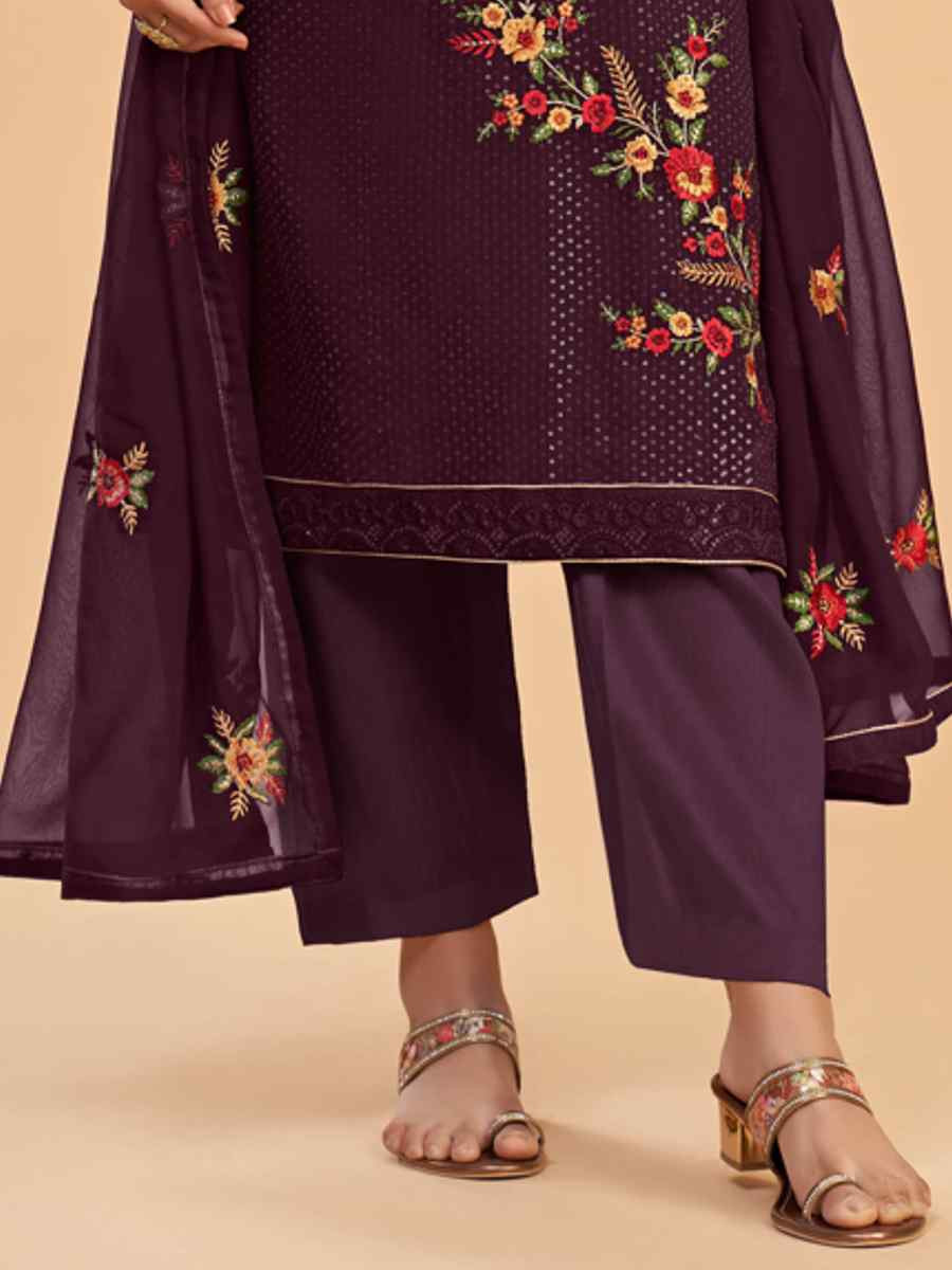 Wine Georgette Embroidered Festival Casual Pant Salwar Kameez