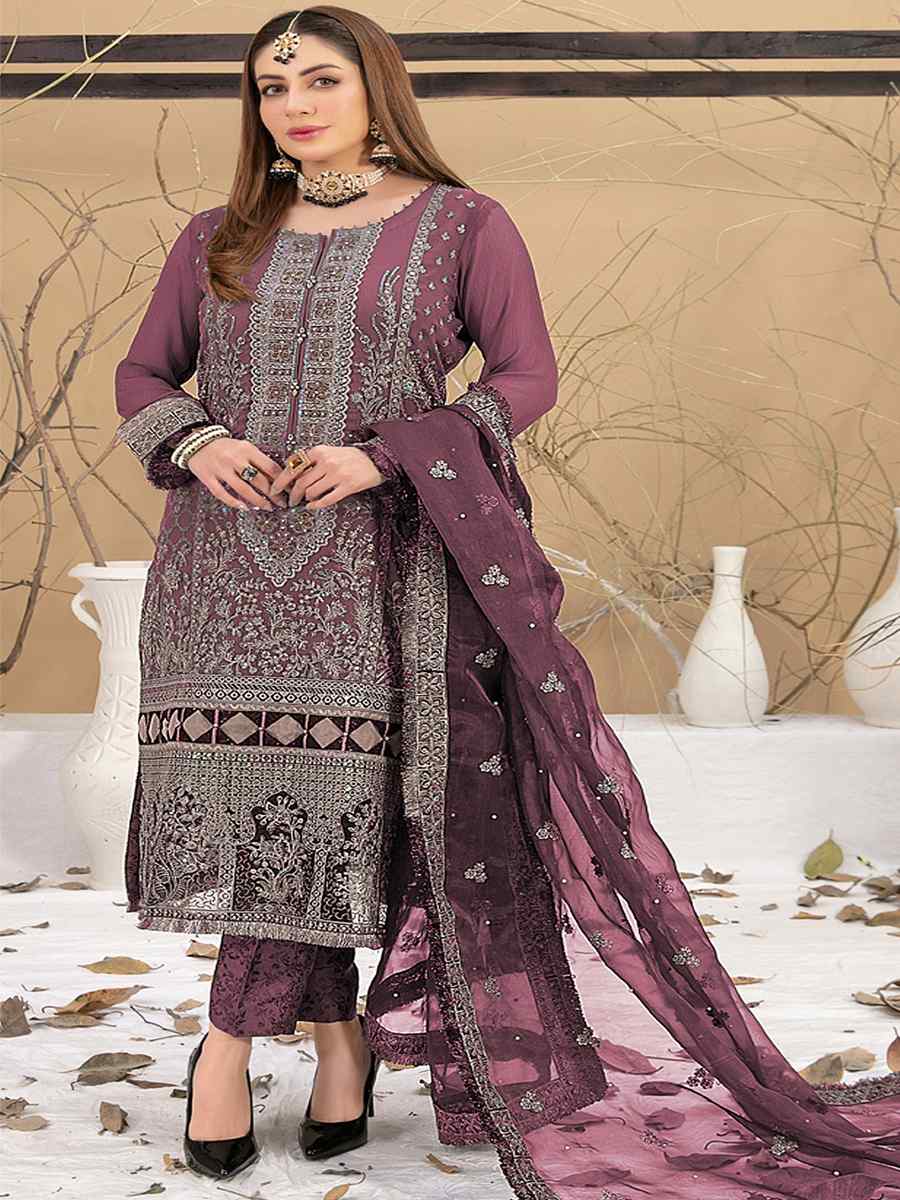 Wine Georgette Embroidered Festival Casual Pant Salwar Kameez