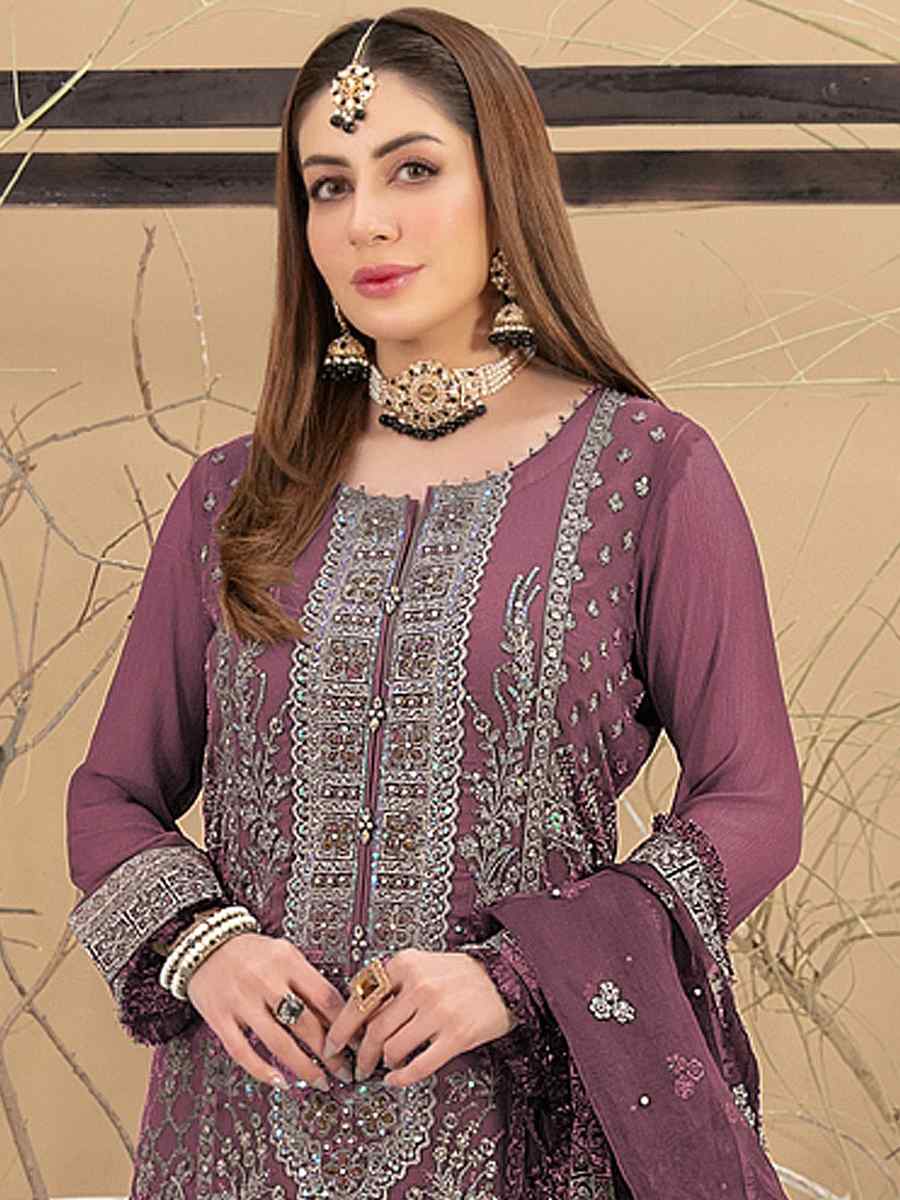 Wine Georgette Embroidered Festival Casual Pant Salwar Kameez