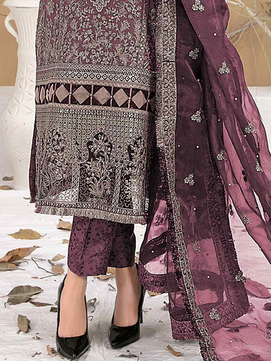 Wine Georgette Embroidered Festival Casual Pant Salwar Kameez