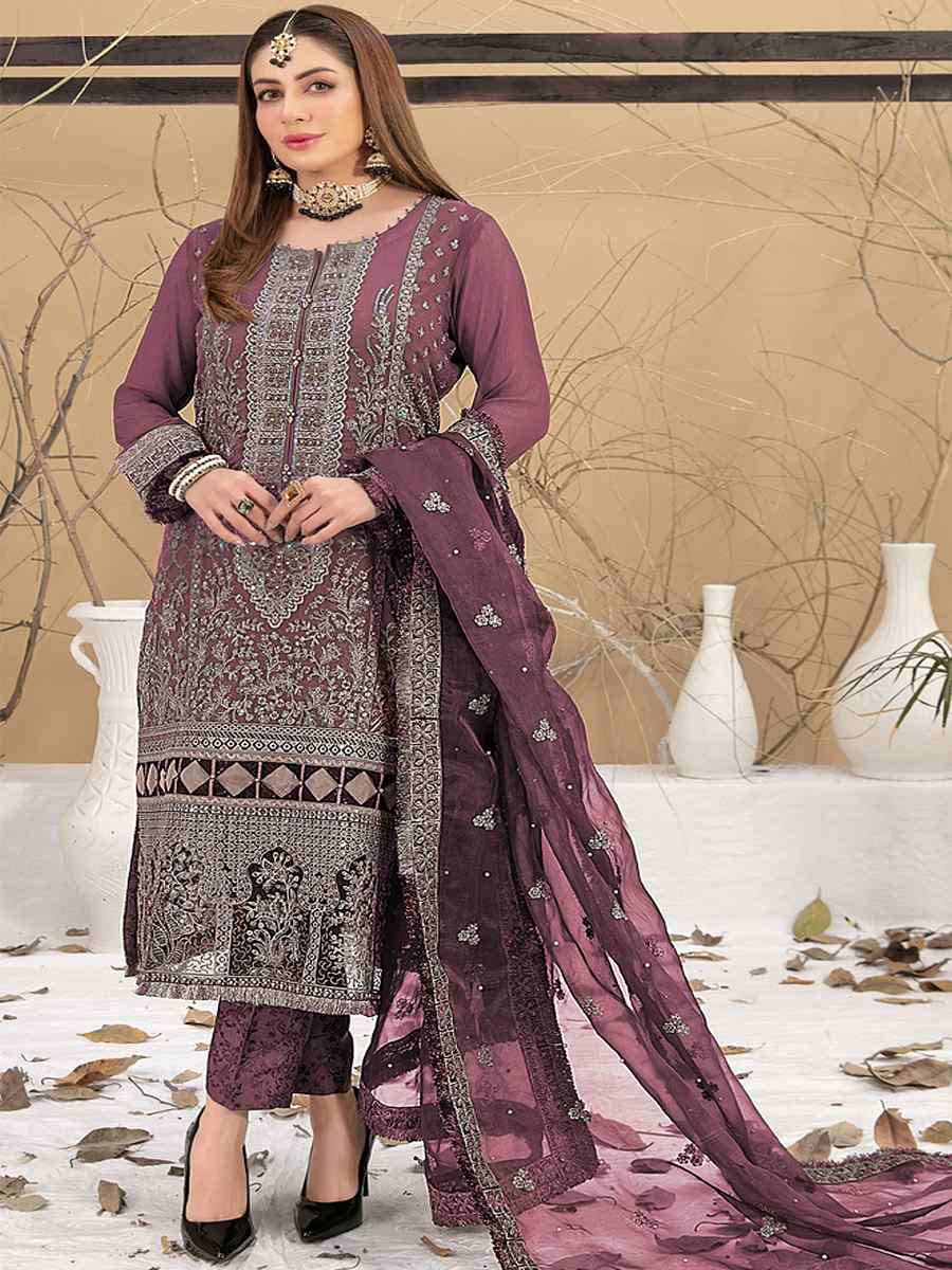 Wine Georgette Embroidered Festival Casual Pant Salwar Kameez