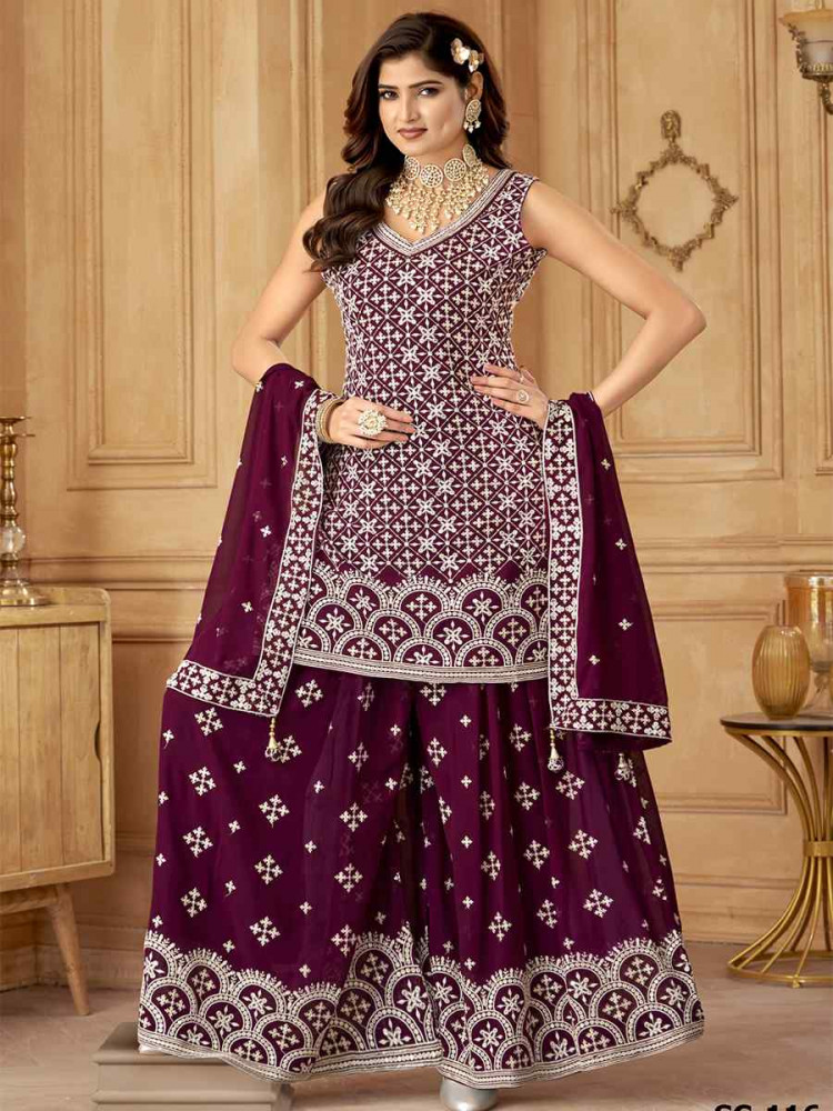 Wine Georgette Embroidered Festival Casual Ready Palazzo Pant Salwar Kameez