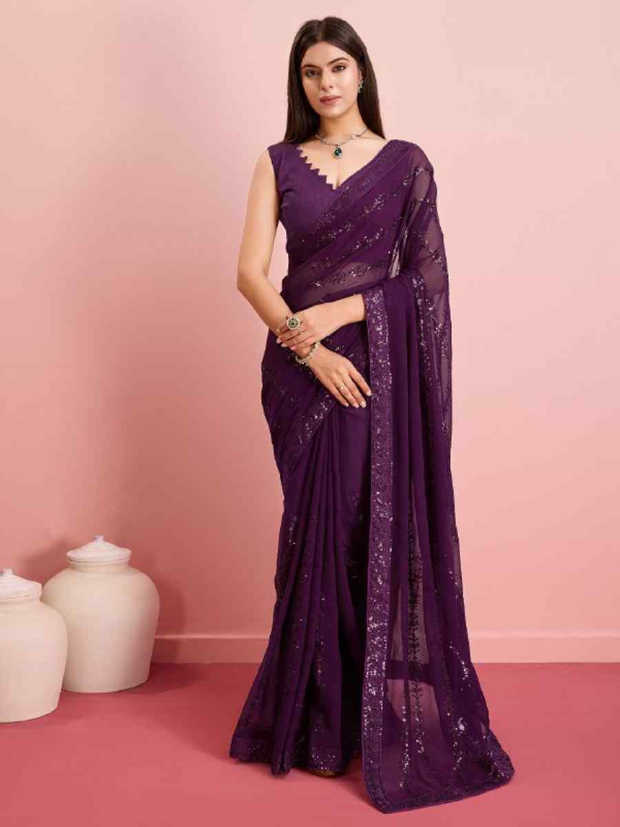 Wine Georgette Embroidered Festival Party Classic Style Saree