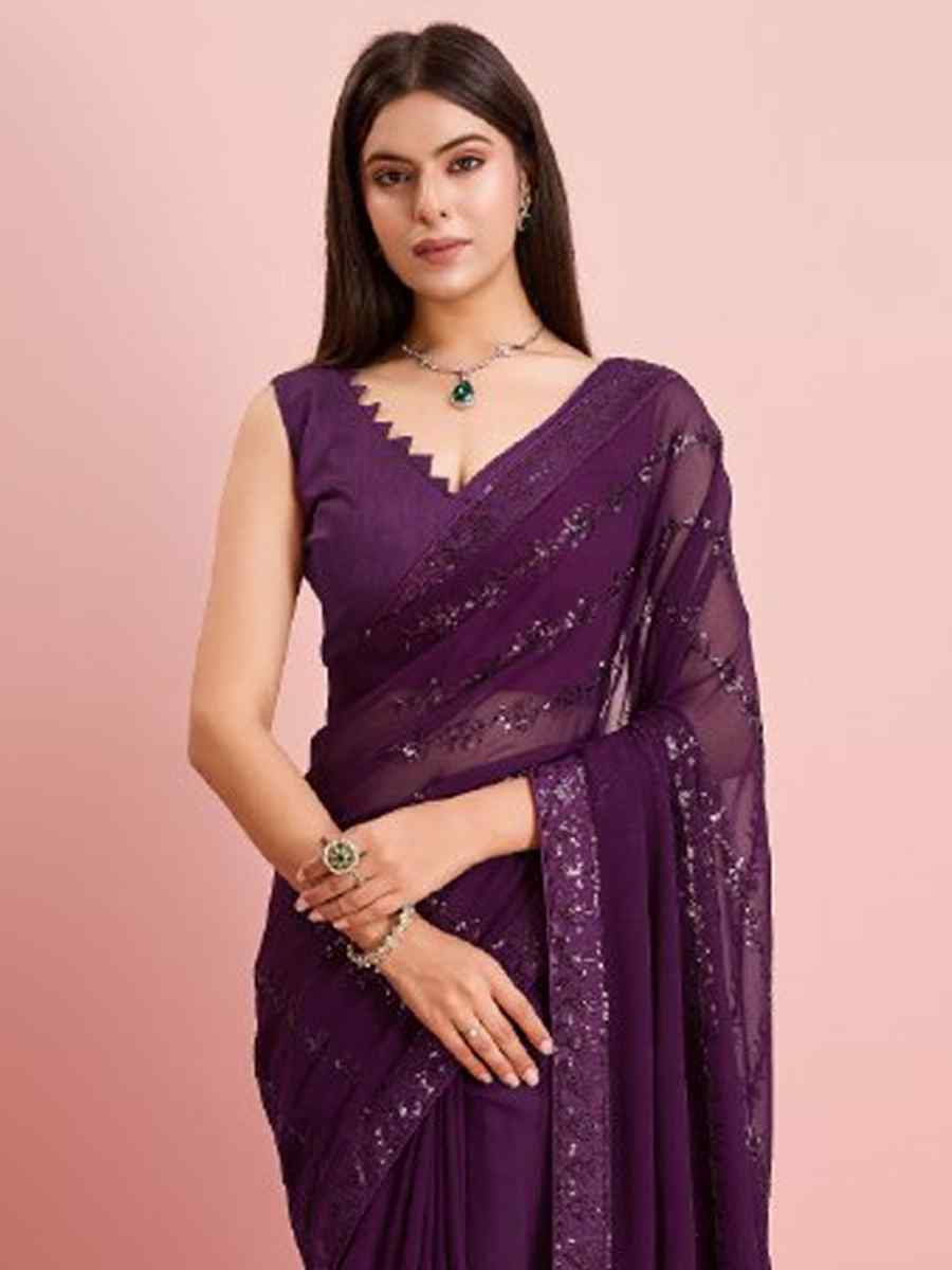 Wine Georgette Embroidered Festival Party Classic Style Saree