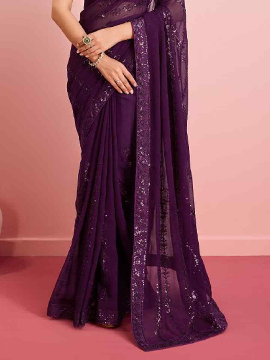 Wine Georgette Embroidered Festival Party Classic Style Saree