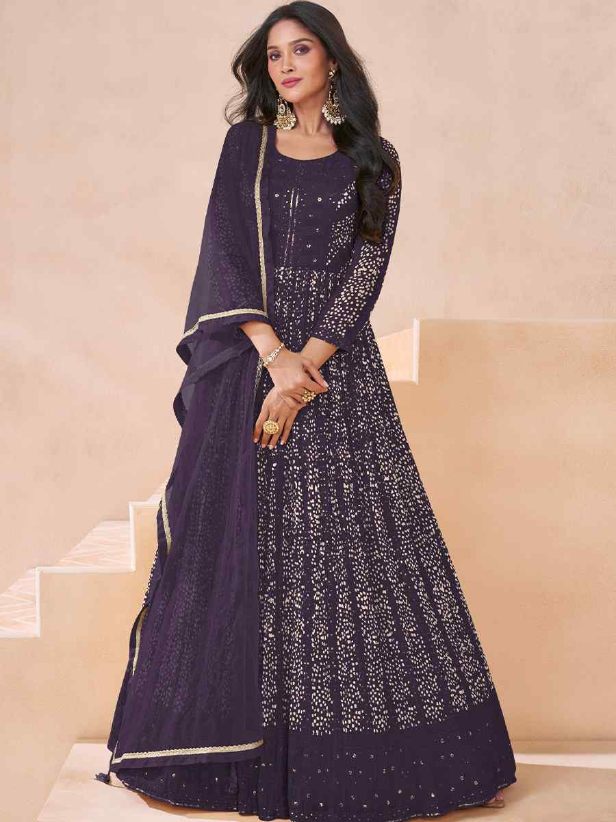 Wine Georgette Embroidered Festival Wedding Anarkali Salwar Kameez