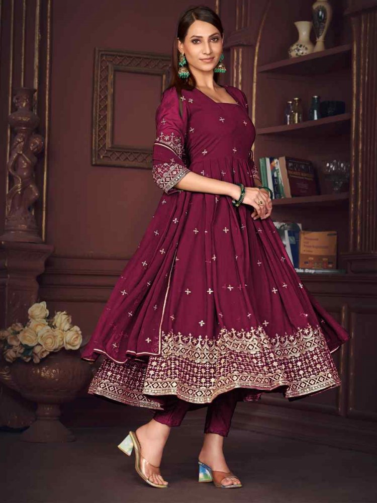 Wine Georgette Embroidered Festival Wedding Anarkali Salwar Kameez