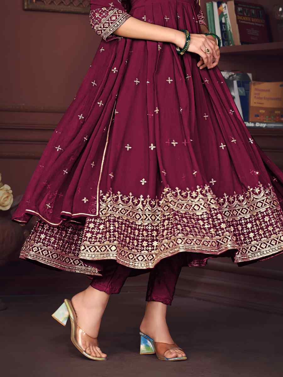 Wine Georgette Embroidered Festival Wedding Anarkali Salwar Kameez