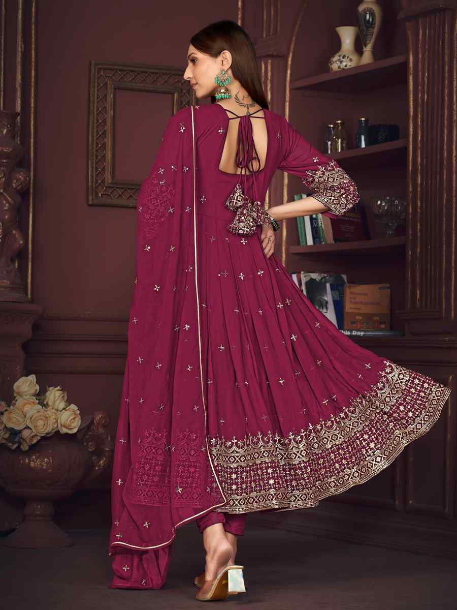 Wine Georgette Embroidered Festival Wedding Anarkali Salwar Kameez